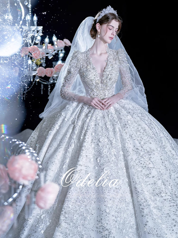 Odelia "Flower Marriage"  New Heavy Industry Long-sleeved Main Wedding Dress Main Dress High-end Texture Dress Bride Trailing