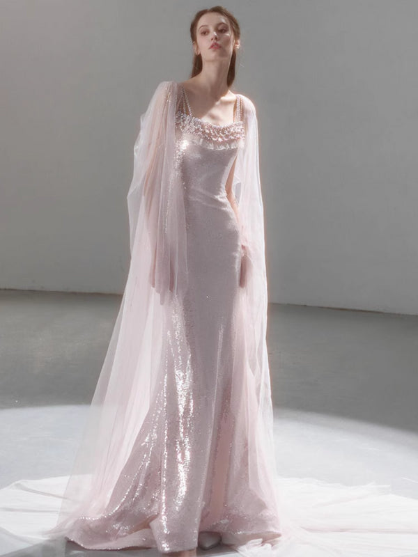 Pink Suspender Evening Dress Women 2025 New Host Heavy Industry Sequined Fishtail Dress Bride Engagement Banquet Toast Dress
