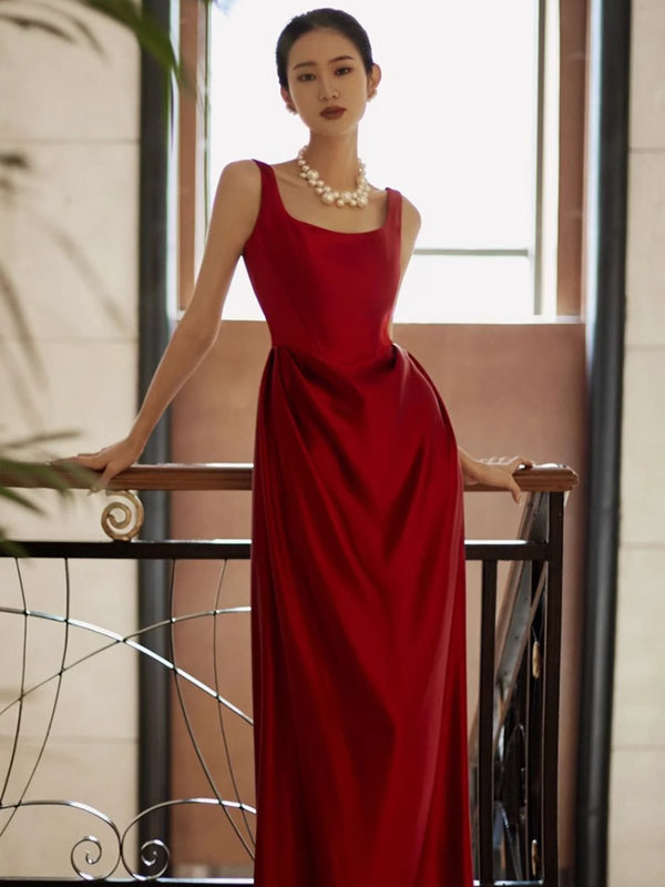 Bridal Toasting Clothes 2025 New Temperament Korean Burgundy Satin Niche Suspender Fishtail Banquet Evening Dress Women