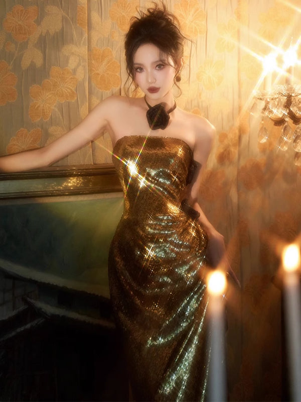 Tube Top Evening Dress Light Luxury Niche Gold Fishtail Sequins Bride Engagement Banquet Toast Dress Sexy Split