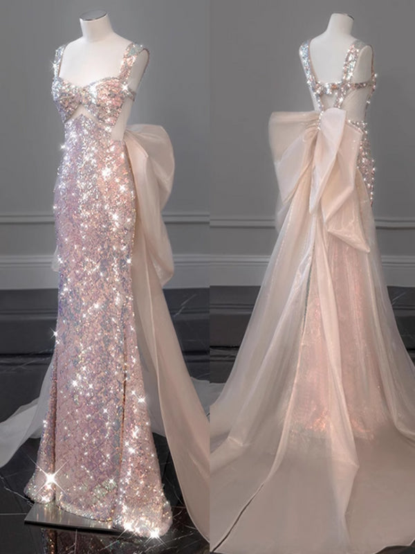Pink Sequined Evening Dress Female Sexy Sparkle Bride Wedding Toast Dress Banquet Host Fishtail Sling
