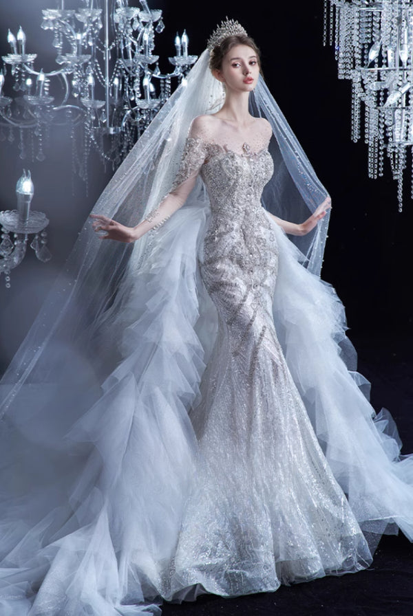 Odelia "Manny" Heavy Industry Fish Tail One-word Shoulder Long Sleeve Autumn and Winter Wedding Dress  New Bridal Trailing
