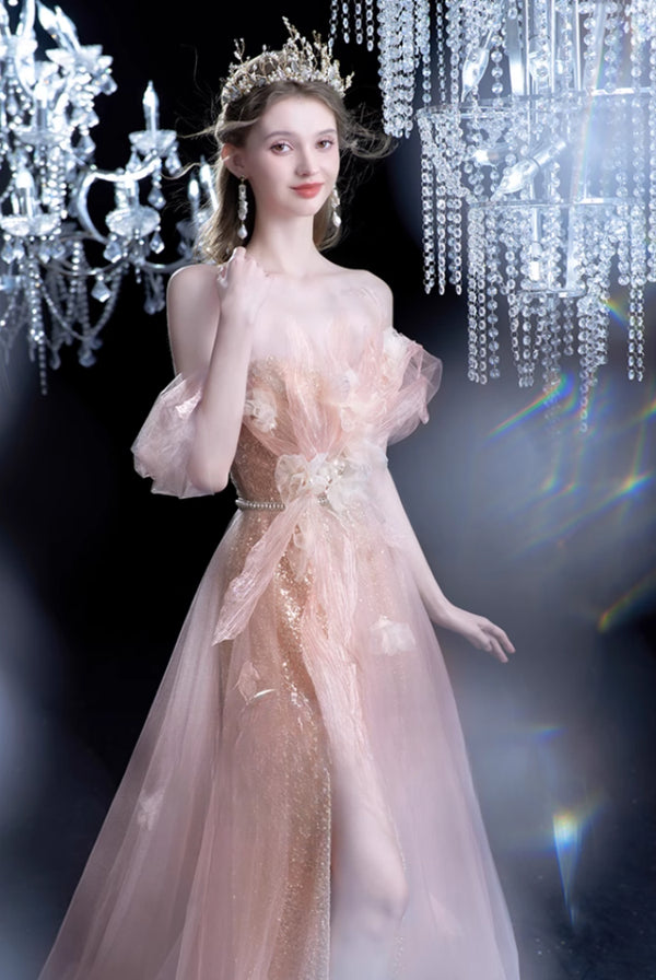 Odelia "Taozhi" One-word Shoulder Pink Bridal Toast  New Engagement Art Exam Host Evening Dress