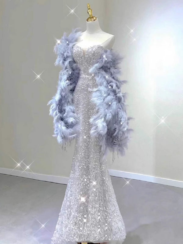 Engagement Tube Top Evening Dress Women's 2025 New High-end Textured Sexy Sequins Fishtail Dress Feathers Bridal Toast