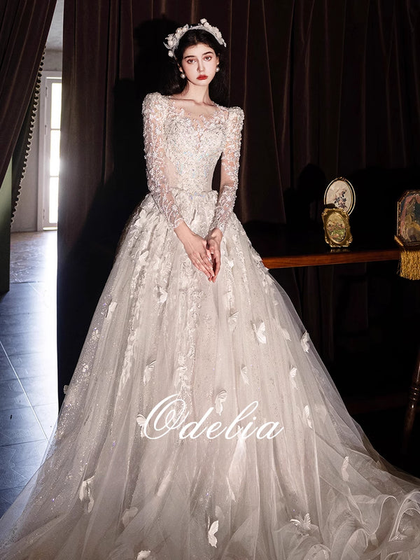 Odelia "Sophia"  New Light Haute Textured Wedding Dress  Shoulder Bridal Long Sleeve