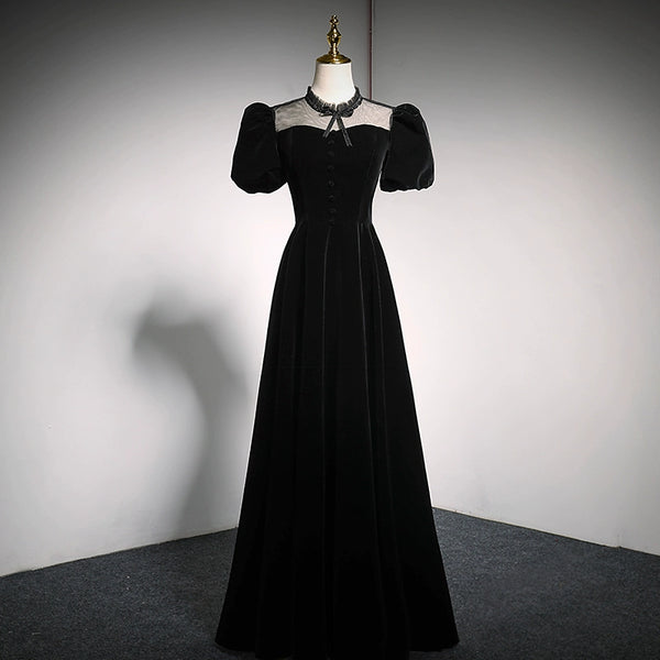 Banquet Evening Dress  Spring Black Bubble Sleeve Long Birthday Bar Mitzvah Host Dress Fairy Dress