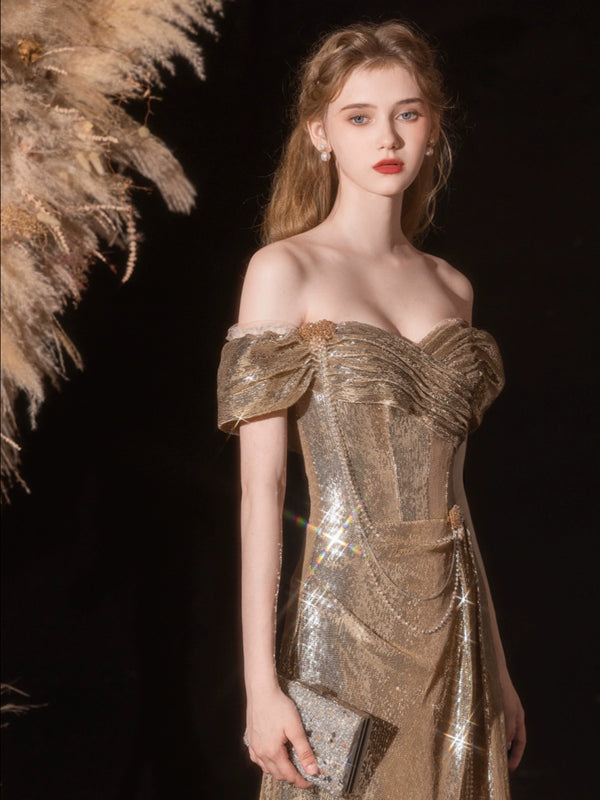 Annual Meeting Dress Hosting Spring  New Bridal Toast Banquet Fishtail Celebrity Gold Dress Sequins Women