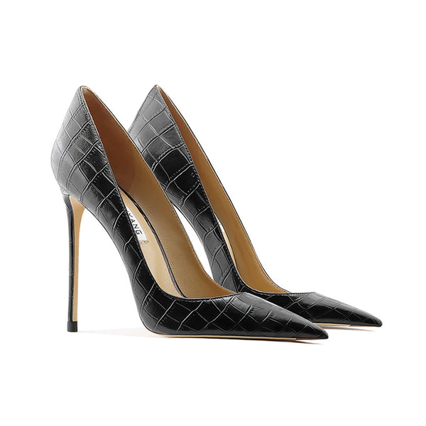 Leather black stone pattern light mouth high heels women's  spring new fine heel pointed versatile niche sheepskin single shoes