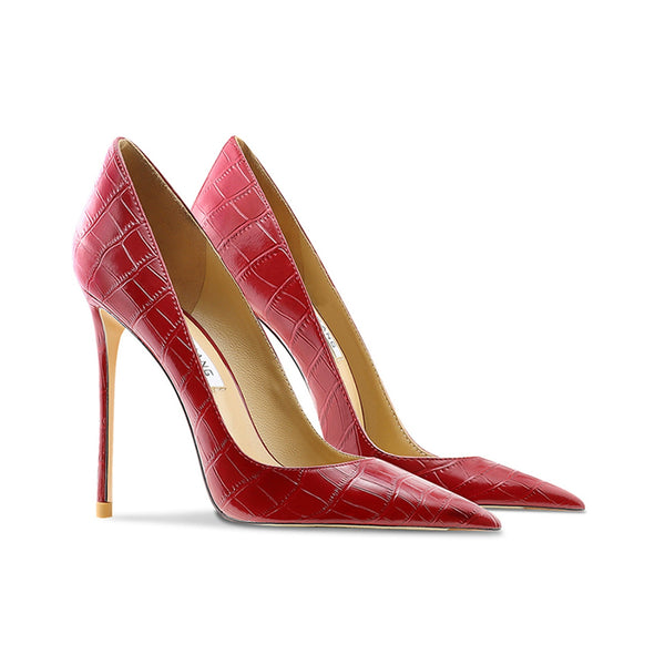 Leather stone pattern burgundy high heels women's  spring new thin heel  sexy super high heel work shoes