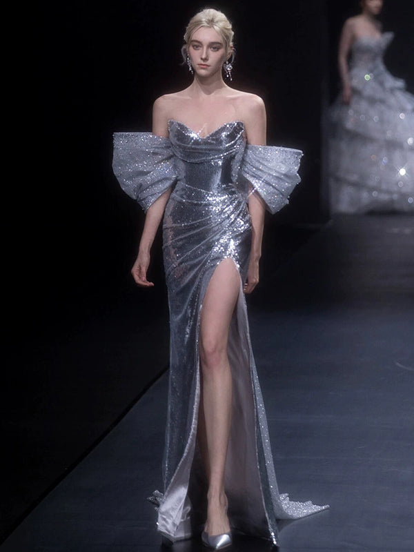 Silver sequined toast suit female sexy tube top split harpoon tail evening dress niche high-end light luxury annual meeting host