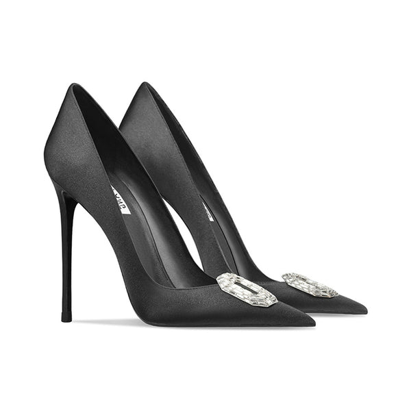 Spring  new silk black buckle rhinestone high heels sexy thin heel pointed square buckle work women's shoes