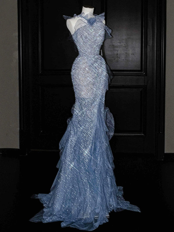 Heavy industry sequined evening dress women's 2025 new morning robe high-end banquet host fish tail blue toast dress bride
