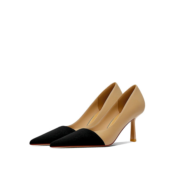 Leather small fragrant high heels women's autumn popular new nude temperament celebrity fine heel splicing pointed single shoes
