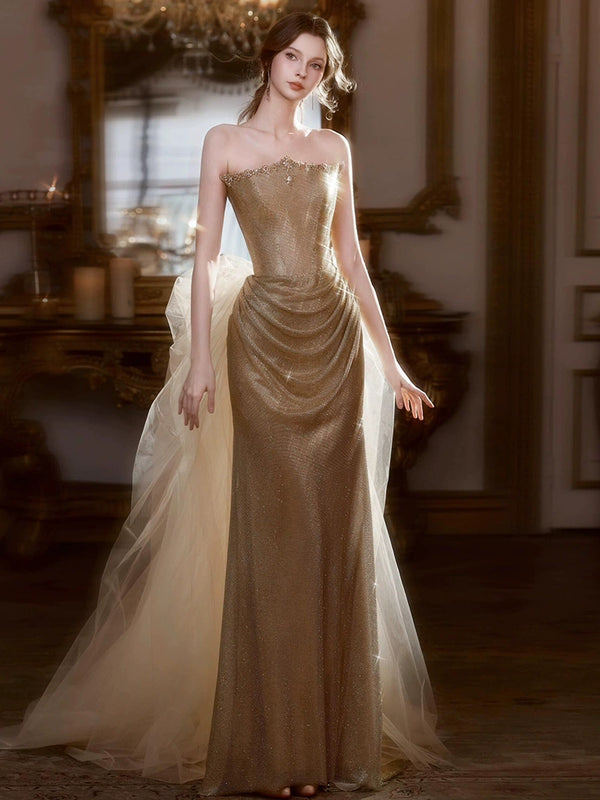 Golden evening dress women's tube top high-end light luxury niche fishtail student day adult ceremony host art test dress