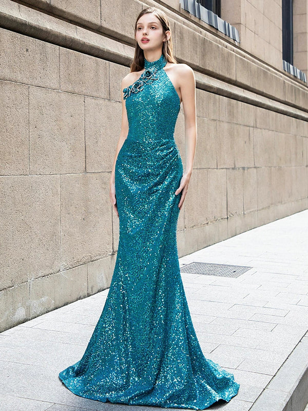 neck evening dress women's 2025 new sequined light luxury design adult ceremony birthday banquet dress summer