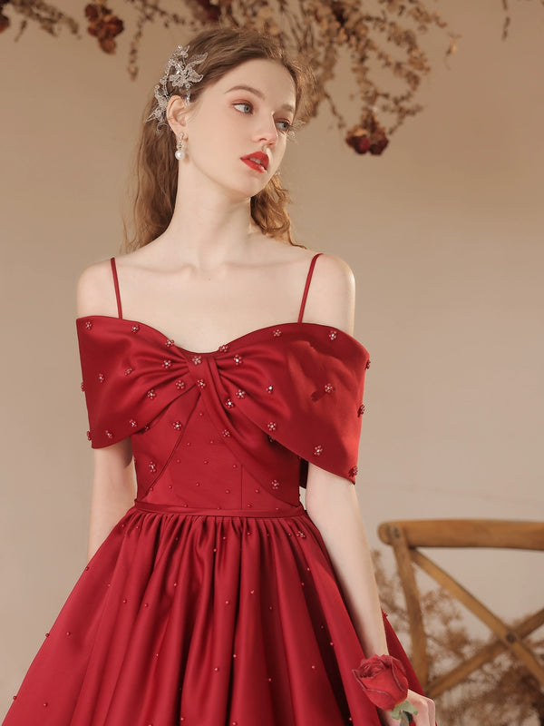 Red Satin Toast Bridal Wedding  Spring Temperament Bow Long Dress Pearl Evening Banquet Dress