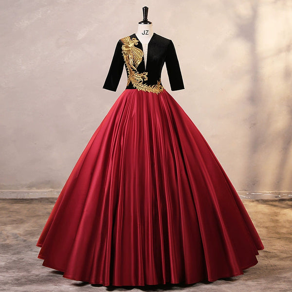 High-end atmosphere red national vocal music art test long-sleeved evening dress advanced sense solo stage chorus banquet host