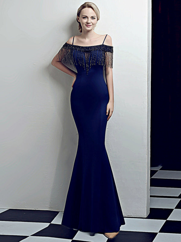 High-end atmospheric luxury one-word shoulder evening dress femininity high-end sense noble and elegant host banquet dress