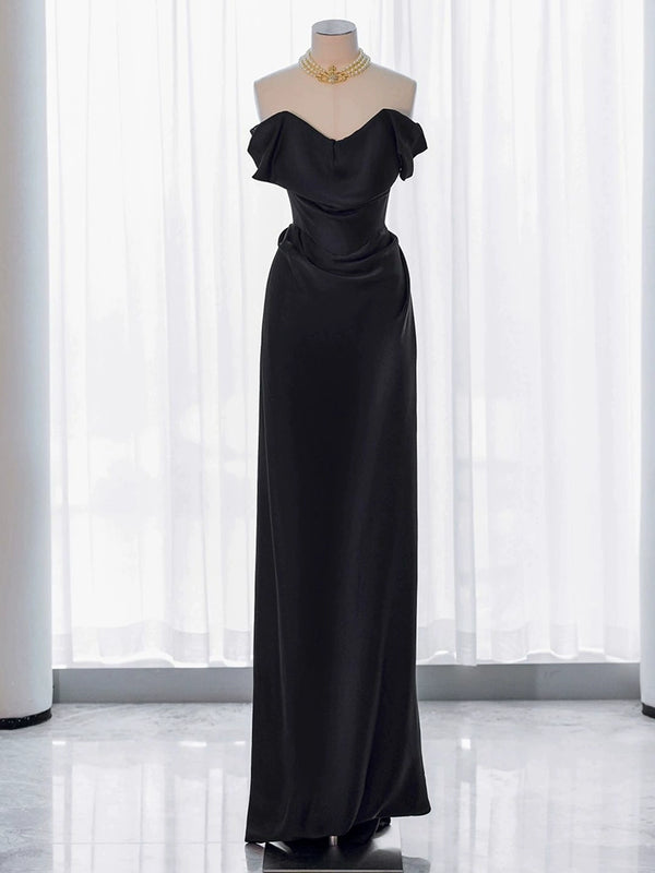 Black evening dress shoulder  simple satin niche dress temperament banquet socialite engagement toast