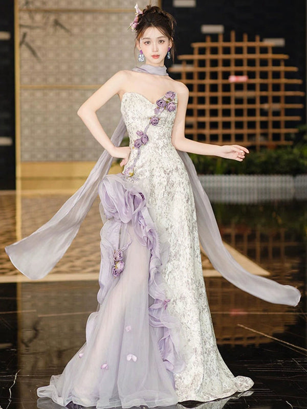 Purple evening dress dress female high-end host light luxury niche engagement banquet Chinese bride toasting dress morning robe