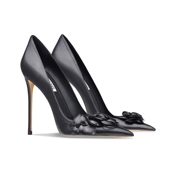new black leather camellia buckle high heels  sexy light mouth stiletto temperament socialite women's shoes