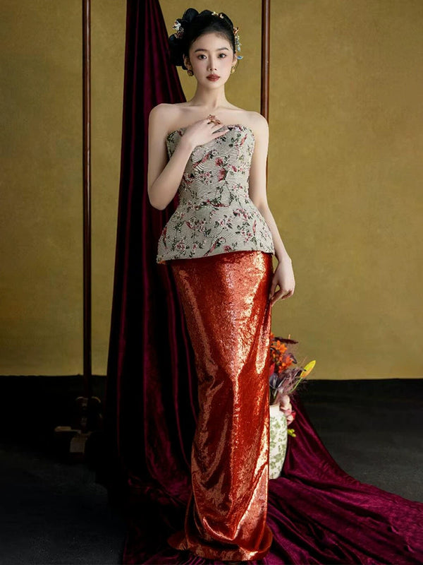 New Chinese morning gown dress female bride niche high-end tube top dinner high-end national style red engagement toast
