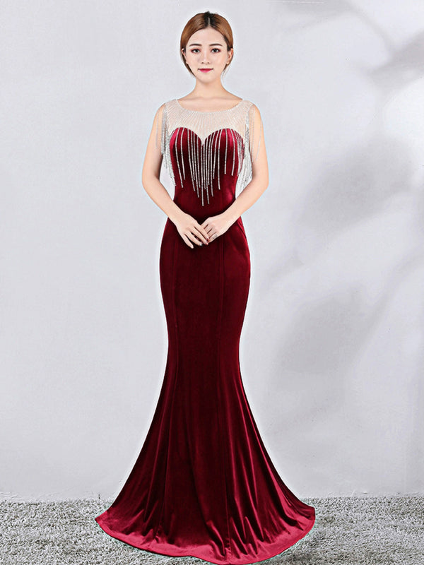 new flash diamond shiny velvet evening dress women's banquet noble temperament elegant host fishtail dress