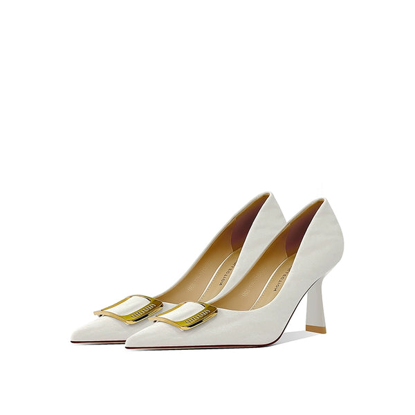 Pointed thin heel single shoes women's popular autumn new shallow leather high heels fashion temperament versatile square buckle women's shoes