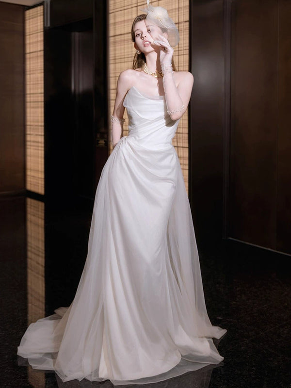 Empress Dowager evening dress female  satin light go out wedding dress morning gown skirt white niche bride wedding toast