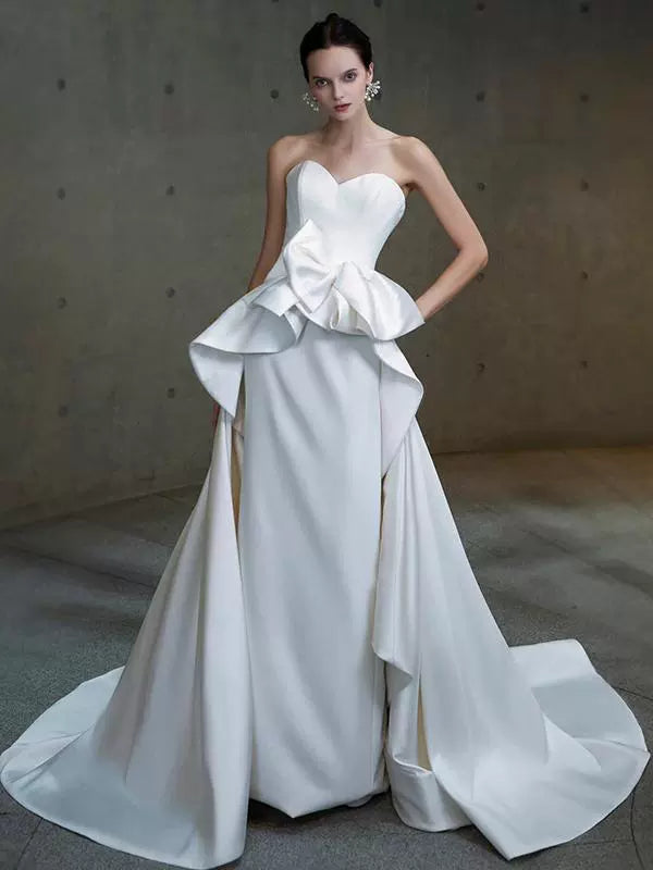 evening dress women's 2025 new high-end light luxury host bride white satin tube top travel pat light wedding dress