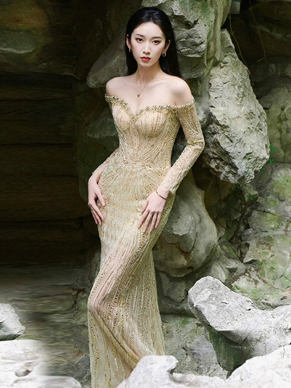 One-word shoulder evening dress female long-sleeved host high-end banquet luxury heavy industry gold fishtail dress star same style