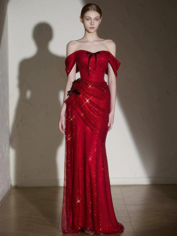 sequined red evening dress dress women's high-end light luxury niche one-word shoulder host annual meeting fishtail toasting dress bride