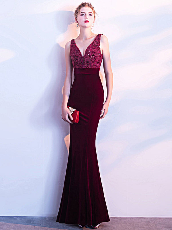 High-end full diamond shiny velvet evening dress women's high-end atmospheric luxury long dress banquet host fishtail dress