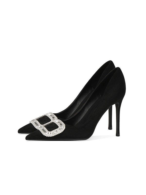 light luxury black high heels women's thin heels design sense niche suede comfortable professional shoes rhinestone square buckle single shoes