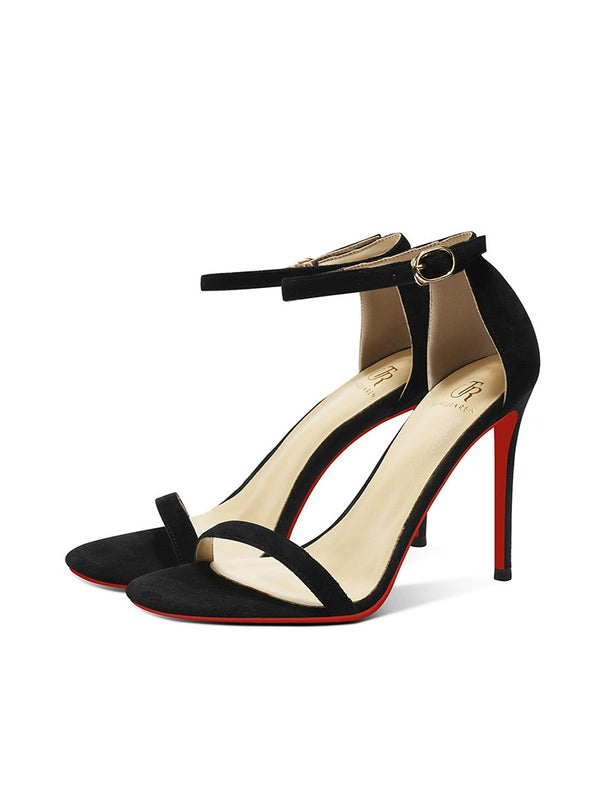 summer new sexy red-soled high heels women's thin heels black suede versatile temperament sw one-word buckle with sandals