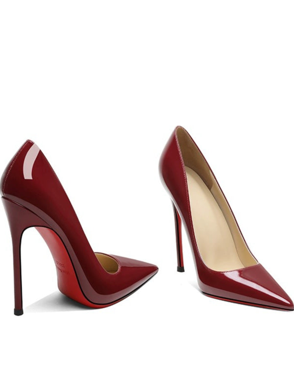 Burgundy high heels women's stilettos  spring and autumn new patent leather sexy pointed professional sexy temperament red sole shoes