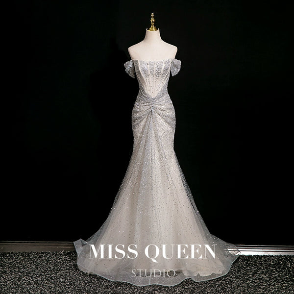 Engagement dress, toasting dress, bridal dress, high-end light luxury, high-end feeling, heavy industry fish tail burst flash one-word shoulder evening dress