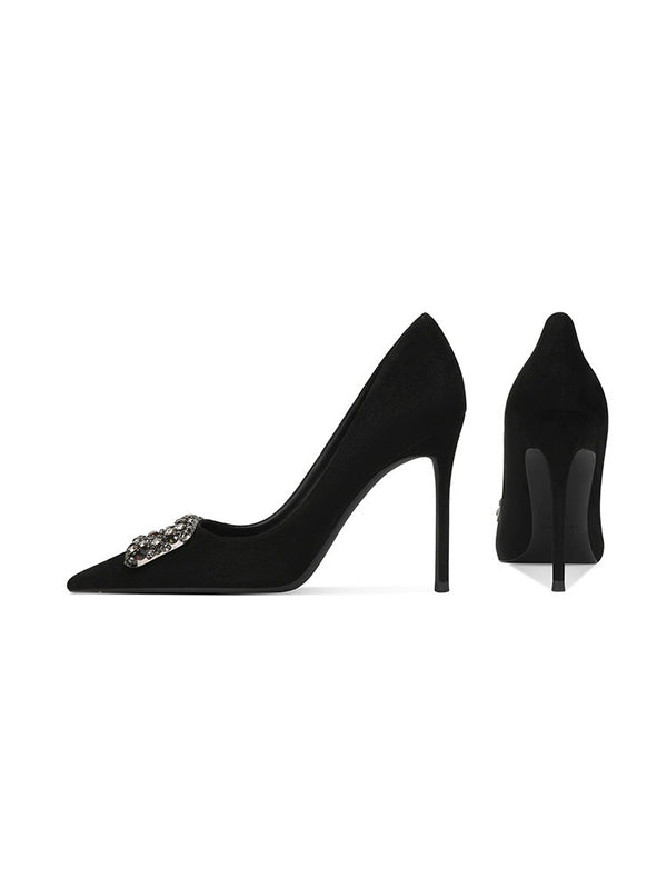 Black high heels women's thin heels, new suede small man temperament rhinestone square buckle pointed single shoes in autumn and winter