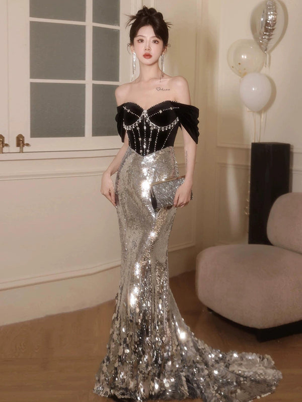 Sequined evening dress women's 2025 new host's annual meeting heavy industry fishtail skirt niche light luxury one-word shoulder dress