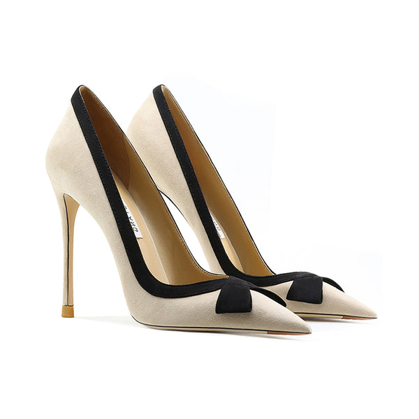 High heels women's pointed head thin heel leather suede bow  sexy apricot light mouth not tired feet professional single shoes