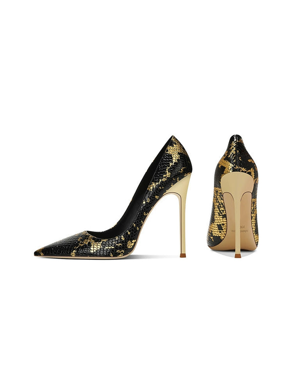 sexy snakeskin high heels women's thin heels  autumn and winter new color matching temperament versatile banquet light mouth single shoes