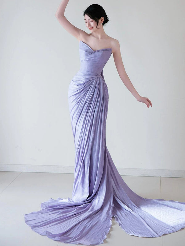 Purple tube top evening dress design sense niche satin light luxury bridal morning gown women's engagement banquet fishtail dress