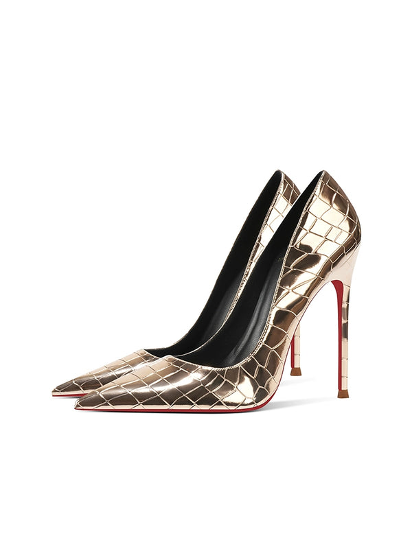 spring and summer new silver sexy crocodile pattern high heels women's fine heel temperament professional not tired feet red sole single shoes