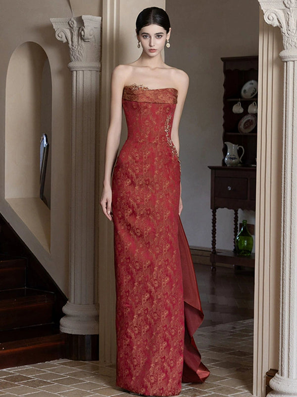 New Chinese toast dress bridal morning gown red tube top high sense thin retro engagement banquet return door evening dress