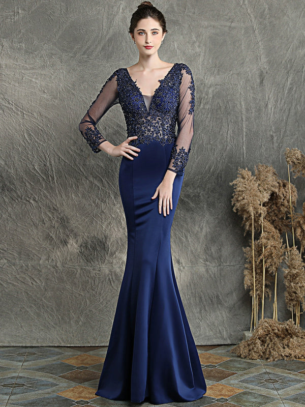 New Heavy Industry Decal Bead Toast Bridal Long Sleeve Appreciation Banquet Fishtail Dress Wedding Evening Dress