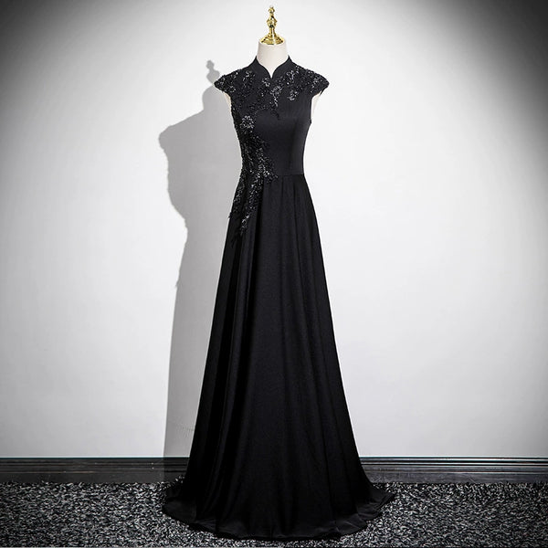 Evening dress women's high sense  new black long welcome host performance art test piano performance dress