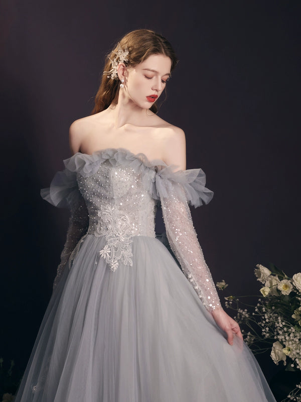 Long Sleeve Dress Spring New  Hosting Performance Dinner Annual Meeting Temperament Bridesmaid Dress Blue Long Dress Veil