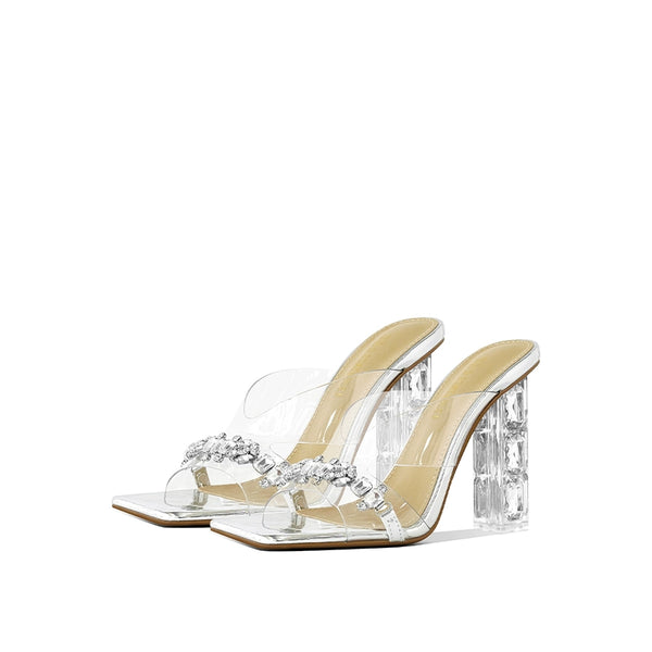 summer new square head rhinestone transparent crystal thick heel high heel cool slippers women's outer wear with skirt sandals women's