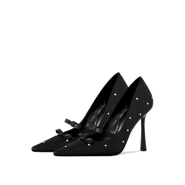 Premium single shoes women's  spring and autumn new rhinestone bow high heels child square head thin heel single shoes dinner shoes
