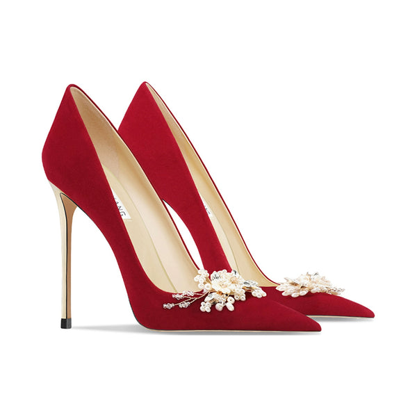 new leather red suede high heels light mouth stiletto pearl flower detachable banquet wedding shoes